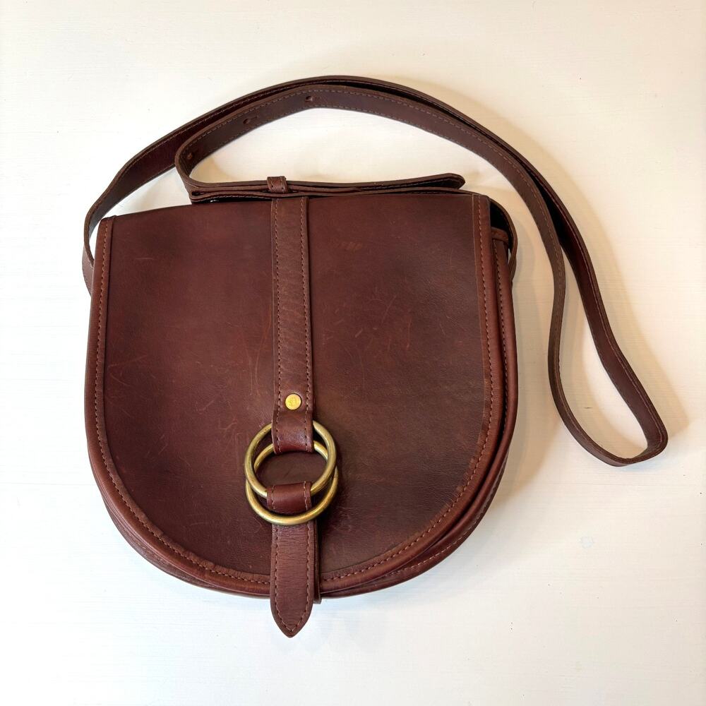 J.W. Hulme Legacy Saddle Crossbody Bag Brown Leather USA Brass Ring Closure